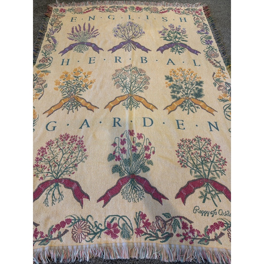 Goodwin Weavers Vintage 100% Cotton English Herbal Garden Tapestry Throw Blanket